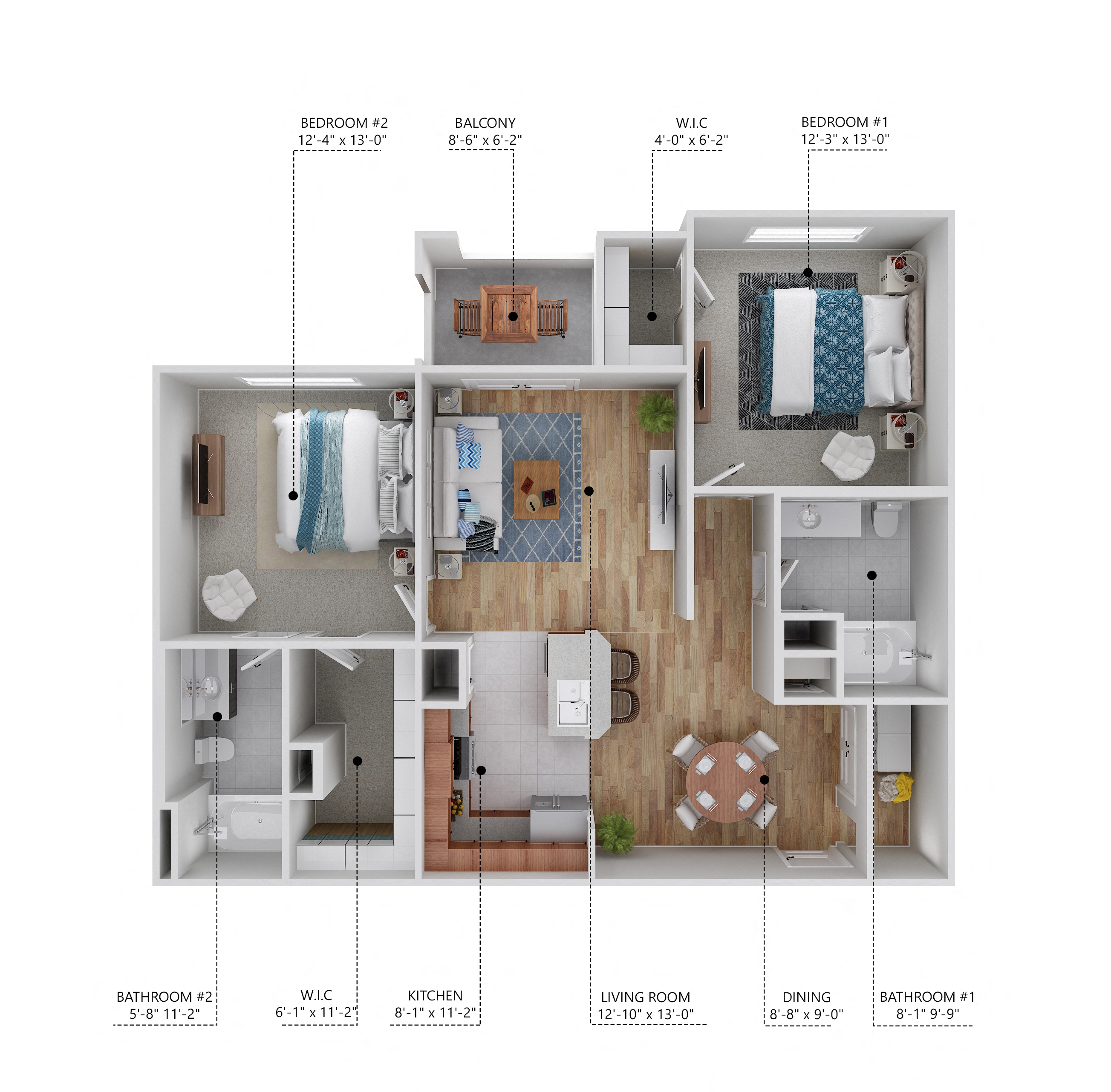 Floor plan for 2 beds, 2 baths, 1093 sqft
